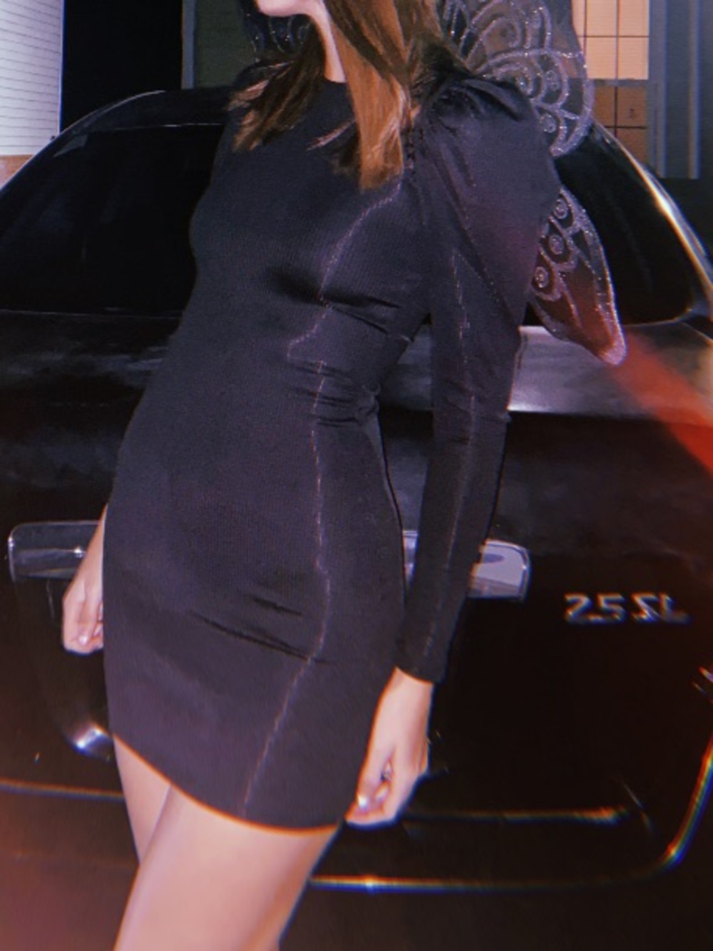 H&M Black Ribbed Long-Sleeve Puff Shoulder Mini Dress